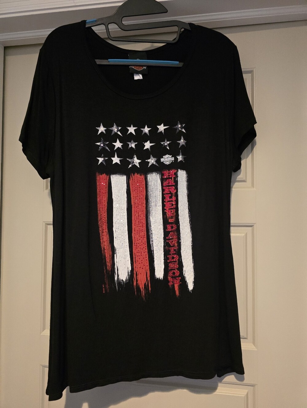 Harley-Davidson Black Tee with Red and White Flag Graphic Womens 1X
